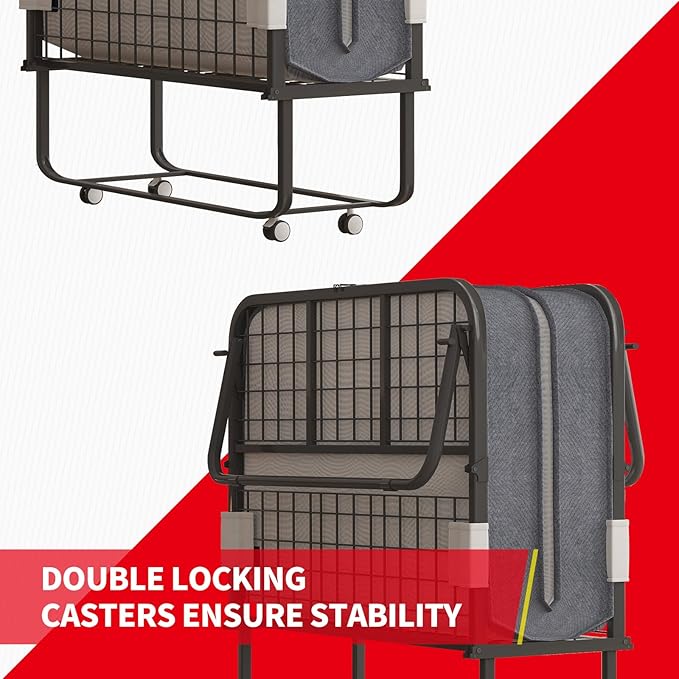 PUREMIND 75 x 38 Folding Bed with 4 Inches Mattress Portable Rollaway Guest Beds for Adults with Metal Frame &amp Swivel Wheels Twin Size Foldable Bed Fold Away Beds Space Saving