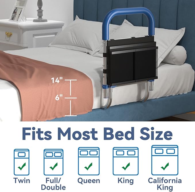 Bed Rails for Elderly Adults Safety Height Adjustable Bed Assist Rail for Seniors with Storage Organizer and Non-Slip Handle Bedside Fall Prevent Grab Bar