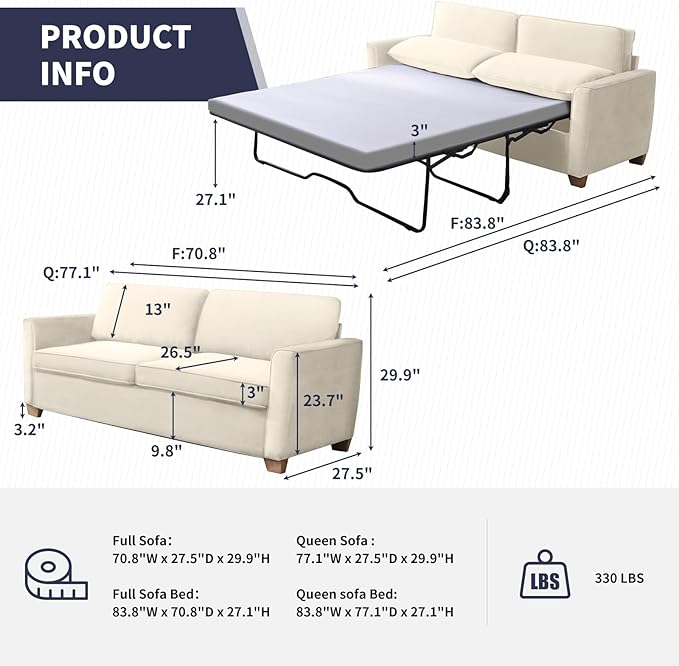 iJuicy Full Size Pull Out Couch Velvet Sofa With Foam Mattress 2-in-1 Sleeper for Living Room Apartment Small Spaces (Beige)