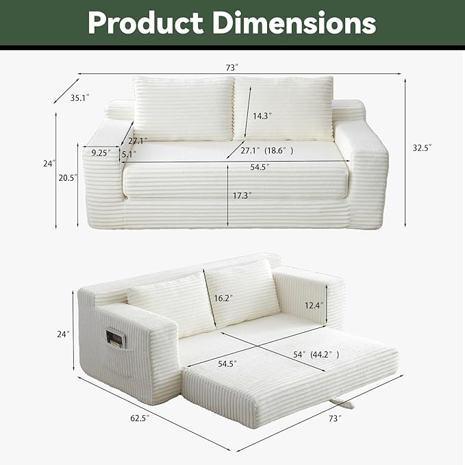 73 Convertible Sofa Bed Pull Out Boneless Loveseat Sleeper Sofa Corduroy Foldable Couch Bed with Storage Bag No Assembly Couch in a Box for Living Room Apartment (Beige)