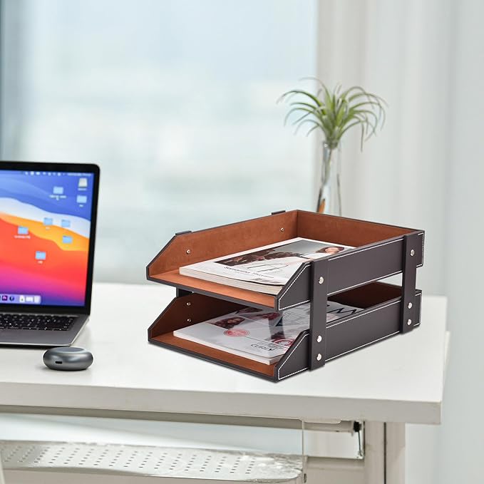 Leather Desk Organizer2-Tier Stackable Letter Tray HolderOffice Supplies Desktop Storage Box for DocumentStationeryMagazinesNewspapersLetters and Other Home Office Paper SundriesCoffee
