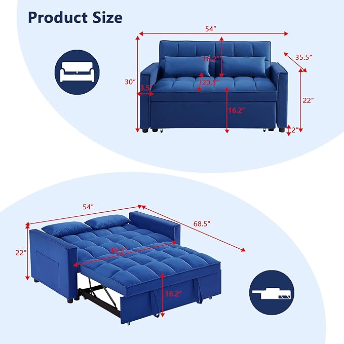 54 Convertible Sofa Bed Velvet Sleeper Sofa with Pull-Out Bed 3-in-1 Futon Couch with Reclining Backrest and Side Pocket Modern Loveseat for Living Room (Dark Blue)