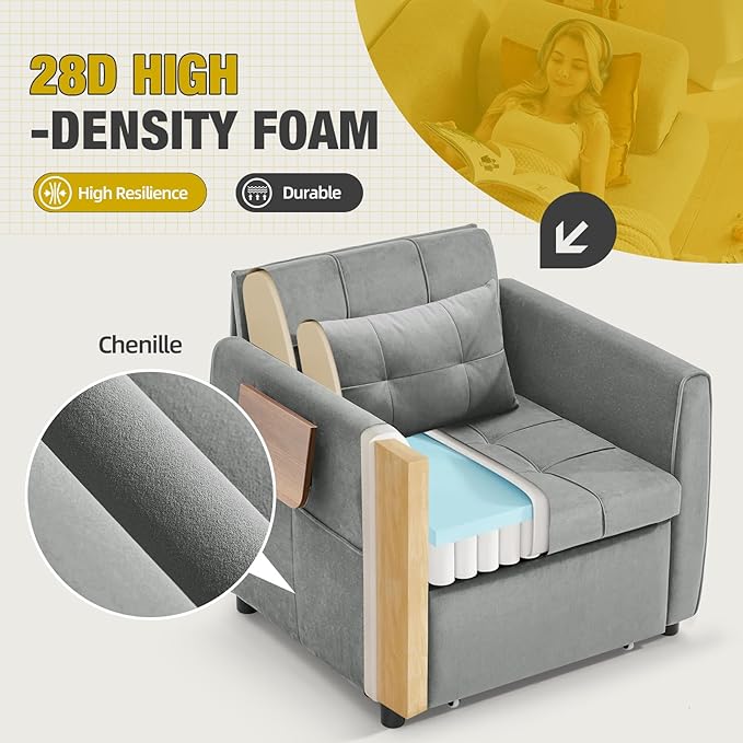 Convertible Sleeper Chair for Adults with Foldable Table USB Port &amp Bottom Storage Single Sleeping Sofa Bed for Living Room Guest Room Light Gray