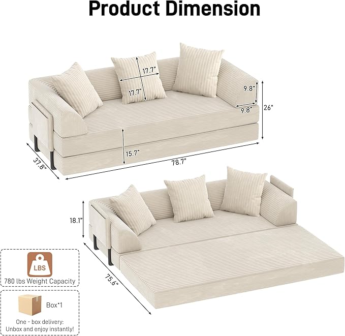 Folding Convertible Sofa Bed with 3 Pillows 79  Corduroy Boneless Couch with Armrest Pockets Lounge Loveseat Sleeper with Pull Out Bed Memory Foam Compressed Sofa for Living Room Bedroom Beige