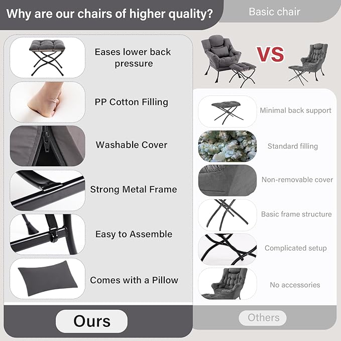 Lazy Chair with Ottoman Comfy Fabric Accent Lounge Arm Chair with Lumbar Pillow and Folding Footrest Reading Leisure Sofa Armchair for Bedroom Living Room DormDark Grey