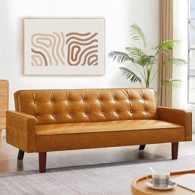Faux Leather Couch Mid Century Modern Sofa with Memory Foam Comfy 3 Seater Couch for Small Spaces Living Room Office Brown