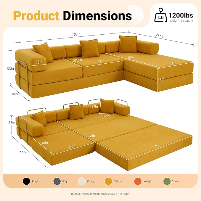 108'' Modular Sectional Sofa Bed Convertible Folding Sofa Bed With Removable Backres Boneless Cloud Couch with Deep Seat Modern Fold-Out Futon Couch Bed for Living Room No Assembly RequiredYellow