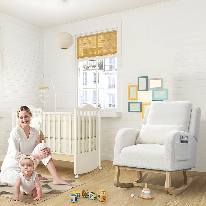 Antetek Rocking Glider Chair for Nursery Wingback Accent Rocker Chair Upholstered Tall Back Arm Chair w/Side Pockets Modern Leisure Single Sofa for Living Room Hotel Bedroom Baby Room Cream