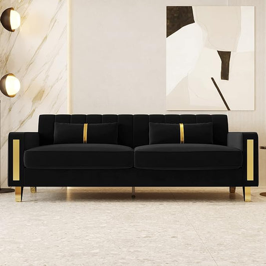 85.63 Modern Black Velvet Sofa with Gold Metal Legs Large Upholstered Comfy 3 Seater Couches for Living Room Bedroom Office (Black)