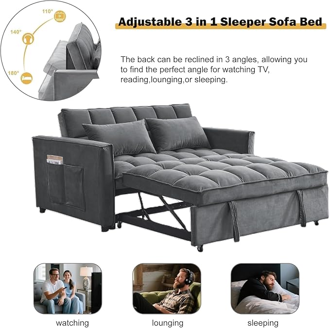 3 in 1 Convertible Sofa Bed Love Seat Sleeper Bed with Side Pockets Velvet Fabric Pull Out Couch with Adjustable Backrest for Living Room Bedroom Apartment Dark Gray