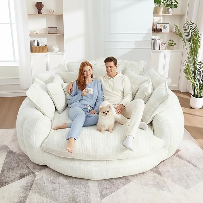 81 Oversized Round Sofa Bed Large Chenille Bean Bag Chair No Assembly Required Cloud Couch Fluffy Plush Chaise Lounge Chair Indoor Modern Sleeper Sofa with Deep Seat for Living Room (Beige)