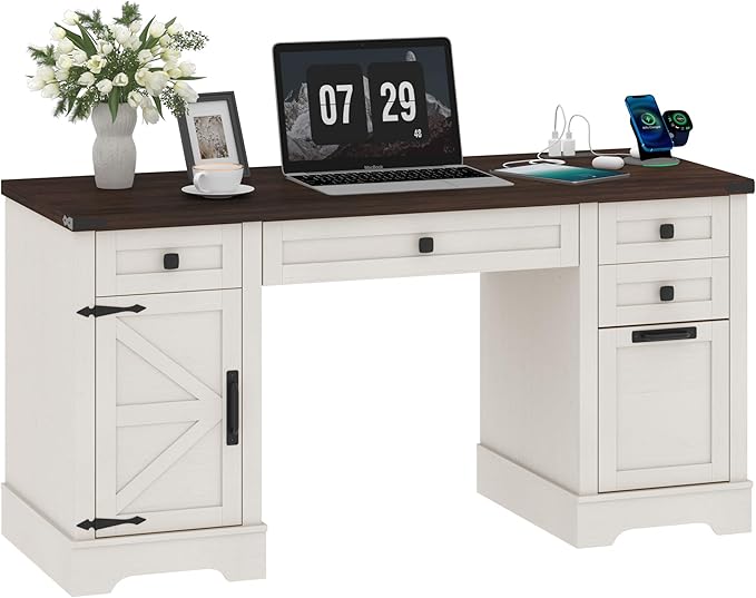 58'' Farmhouse Home Office Desk with Drawers Wooden Executive Desk with Charging Station File Drawers and Storage Cabinet Computer Desk for Work Study and Writing Rustic White
