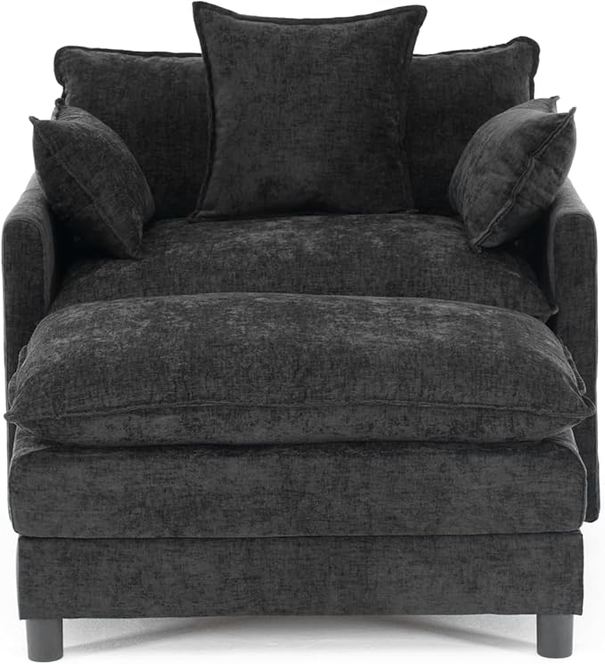 KEIKI Oversized Armchair with Ottoman Chenille Upholstered Sofa Bed Wide Accent Chair Perfect for Living Room Bedroom Apartment Black
