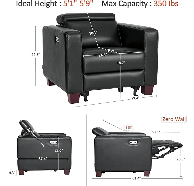 MCombo Zero Wall Recliner Chair Wall Hugger Power Recliner Chair with Adjustable Headrest High Wood Leg USB &amp Type C Dual Charge Ports for Living Room Small Spaces HL128 (Faux Leather Black