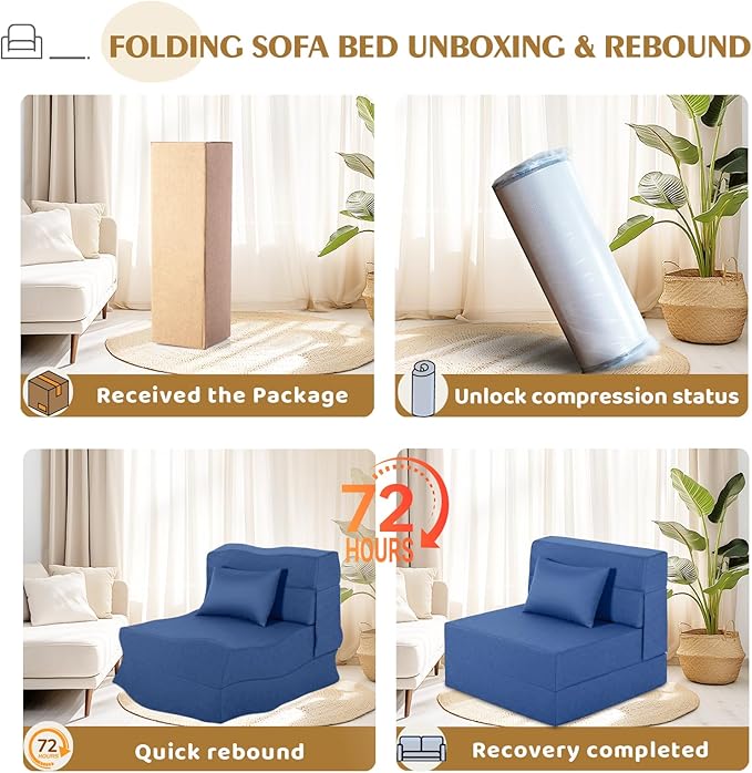 Folding Sofa Bed Foldable Sleeper Chair with Pillow Convertible Fold Out Chair Bed with Washable Cover Foldable Mattress for Living Room Bedroom Guest Room Single Size Blue