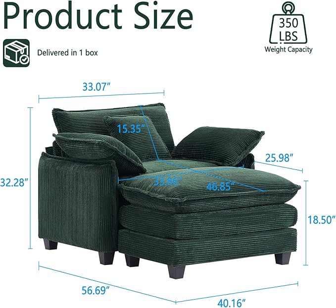 Oversized Chair with Ottoman Modern Corduroy Sofa Bed Single Sofa Chaise Large Upholstered Sofa for Living Room Bedroom (Green)