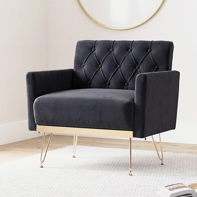 Olela Accent Chair with Arm for Living Room Velvet Modern Armchair Single Sofa Cozy Tufted Upholstered Reading Side Chairs with Gold Metal Leg for Bedroom Decorate