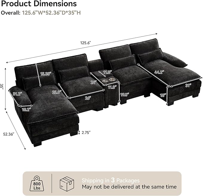 125 U Shaped Sectional Sofa with Storage Console Cup Holders &amp USB Ports Small Modular Deep Seat Cloud Couch Modern Comfy Chenille Sofas for Living Room Black