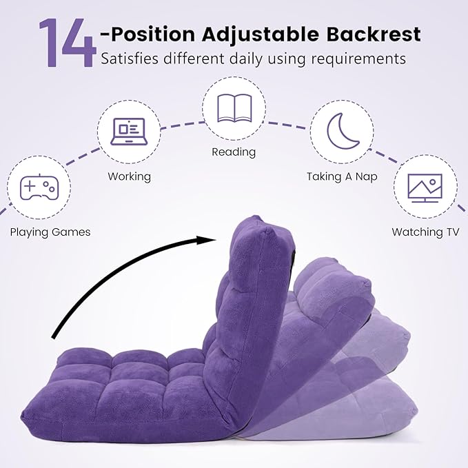 Moccha 14-Position Floor Chair Folding Sofa Chair with Back Support Memory Foam Floor Gaming Chairs for Adults Adjustable Padded Couch Recliner Sleeper Bed for Reading Meditating Purple
