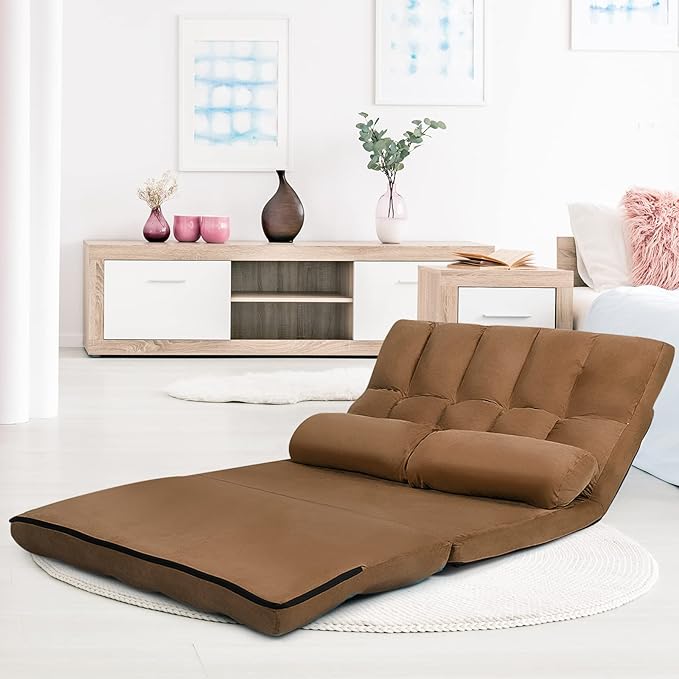 GOFLAME Convertible Floor Sofa 6-Position Couch with 2 Removable Pillows &amp Thick Sponge Cushion Load 330LBS Adjustable Lazy Sofa Bed for Living Room Bedroom (Brown)