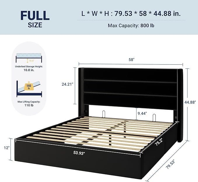 Allewie Full Size Velvet Lift Up Storage Bed Modern Wingback Headboard Hydraulic Support No Box Spring Needed Black