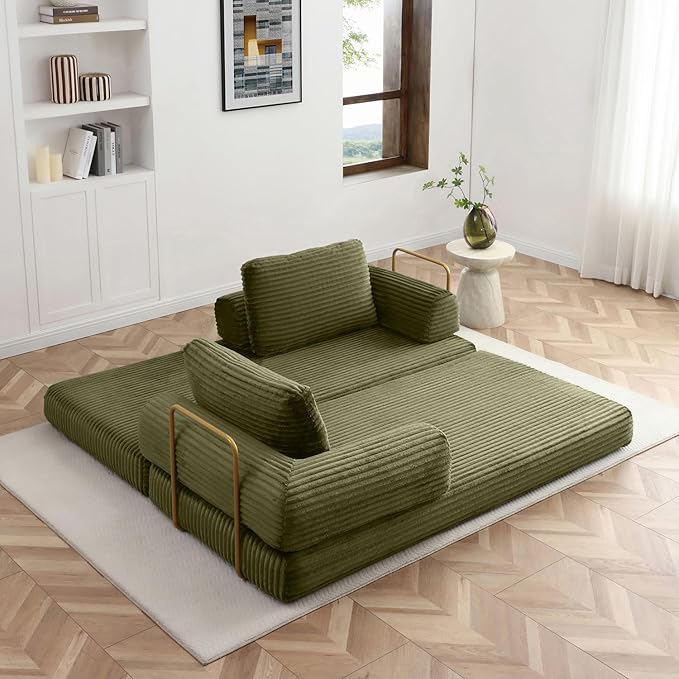 HANXIN 80 Inch Convertible Sleeper Sofa Bed High Back Plush Corduroy Folding Floor Mattress Couch with Fixed-Shape Frame Boneless Futon Loveseat with Pull Out Bed No Assembly Required (Green)