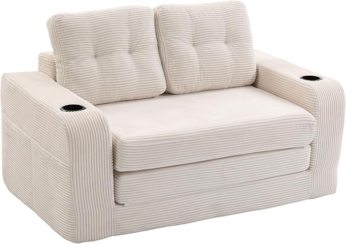 54 Convertible Sofa Bed 2-in-1 Boneless Folding Couch Bed with Cup Holder &amp Pocket Corduroy Fold Out Floor Couch with Pillows for Living Room Bedroom Small Spaces (Beige)