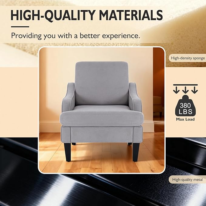 Accent Chair for Living Room Upholstered Living Room Chair with Side Pockets Comfy Accent Chairs for Bedroom Mid Century Modern Armchair for Office Apartment Waiting Room Club (Grey)