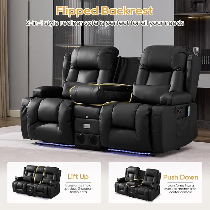 IPKIG Power Loveseat Recliner Sofa with Flip-Up Backrest Console Drawer AC Outlet LED Light Wall Hugger Recliners for Living Room RV Home Theater (Midnight Black Loveseat)