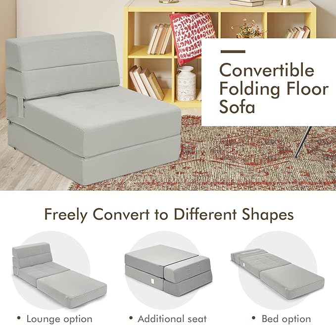 COSTWAY Triple Fold Down Sofa Bed 3-in-1 Fold Floor Couch Lounge Sleeper with Thick Cushion Flock Fabric Convertible Design Portable Single Guest Bed Mattress for Living Room Bedroom (Grey)