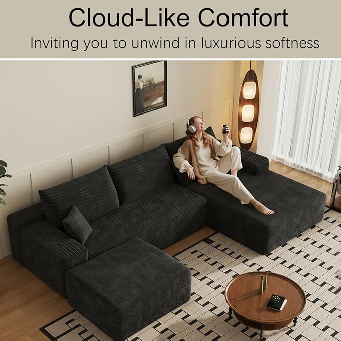 108 U Shaped Sectional Corduroy Boneless Couch with 1 Ottoman Modern Modular Couches for Living Room Apartments Upholstered Cloud Sofa with Deep Seat No Assembly Required (Black)