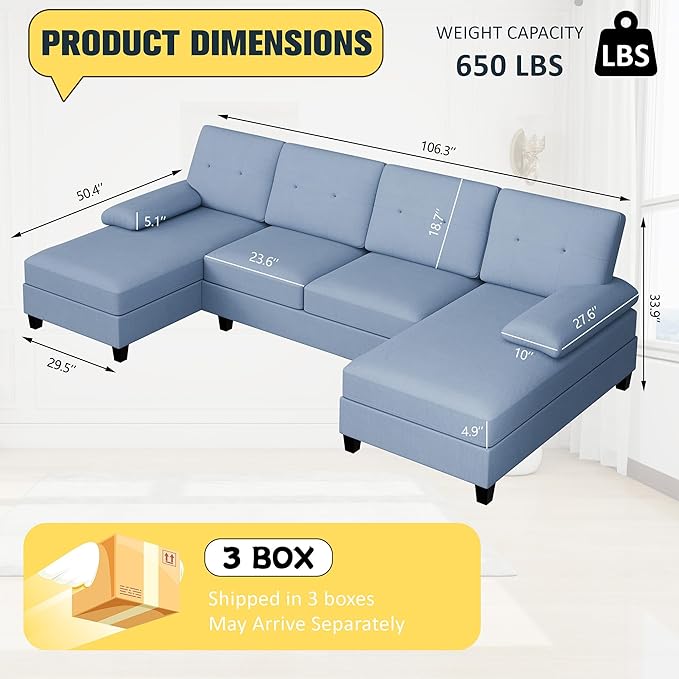 JY QAQA Sectional Couche with Soft Cushion U-Shaped Sofa with Double Chaise 4-Seat Linen Fabric Sofa Sets for Living Room Apartment Blue