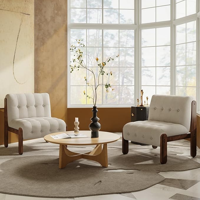 Modern Armless Accent Chair Set of 2 for Living Room Beige Linen Button Tufted Upholstered Lounge Reading Chair with Walnut Wood Frame