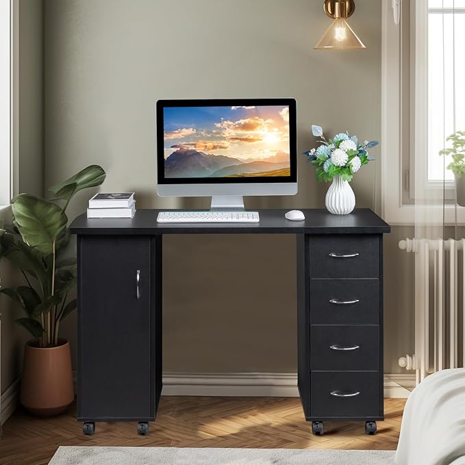 Farmhouse Wooden Executive DeskPC Laptop TableModern Home Office Computer DesksStudy Writing Desk Workstationwith Storage Drawersfor Small Spaces Living Room Bedroom Study Room Office (Black)