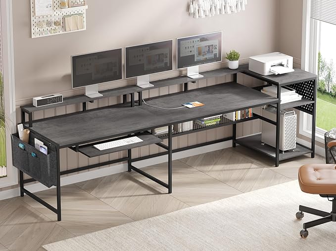 SEDETA L Shaped Gaming Desk Convertible 96 Home Office Desk or Corner Desk L Shaped Table with Power Outlets &amp LED Strip Monitor Stand Keyboard Tray Pegboard and Storage Shelves Grey