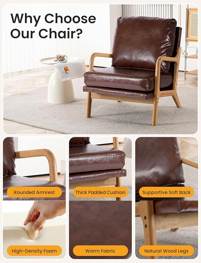 Mid Century Modern Accent Chairs for Living Room 23” Wide Comfy Chair for Bedroom Small Cozy Leather Reading Chairs for Adults 108° Lounge Arm Chair Indoor with Detachable Cover 5.5 Foam Cushion