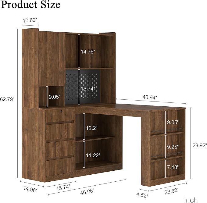 46 L Shaped Computer Desk with Hutch &amp Bookshelf Corner Office Desk Students Writing Table w/ 4 Drawers &amp Power Outlet Gaming Computer Desk with LED Light for Home (Wood1)