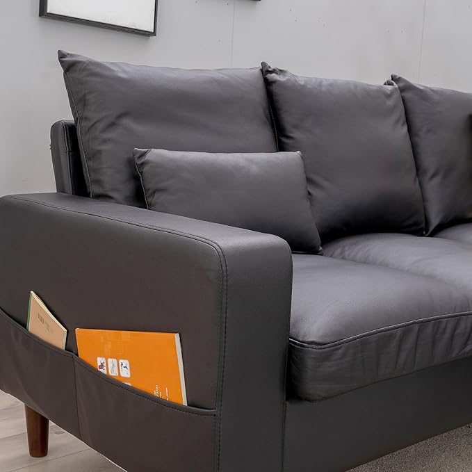 Panana Sectional Sofa 5 Seater L Shape Corner Chaise Sofa for Apartment with Built in USB Port Chaise (Black Artificial Leather 5 Seats Corner Sofa with Built in USB Chaise)