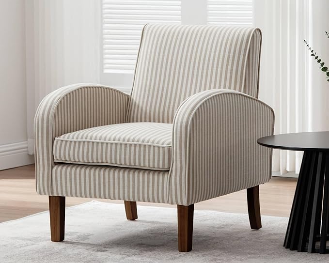 VESCASA Upholstered Accent Chair with Wood Legs Linen Comfy Single Sofa with Curve Arms Modern Side Club Leisure Chair for Reading/Living Room/Bedroom Khaki Stripe