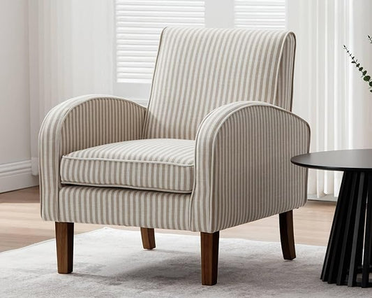 VESCASA Upholstered Accent Chair with Wood Legs Linen Comfy Single Sofa with Curve Arms Modern Side Club Leisure Chair for Reading/Living Room/Bedroom Khaki Stripe