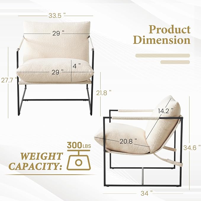 Furnilivng Large Sling Accent Chair Comfortable Boucle Fabric Arm Chair Upholstered Cozy Reading Chair for Living Room Bedroom Dressing Room Home Office White