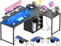 Cyclysio L Shaped Gaming Desk with Wood Cabinet 58 Large Corner Desk with LED Lights &amp Power Outlet Reversible Computer Desks with Computer Tower Stand 2 Person Desks for Home Office Black