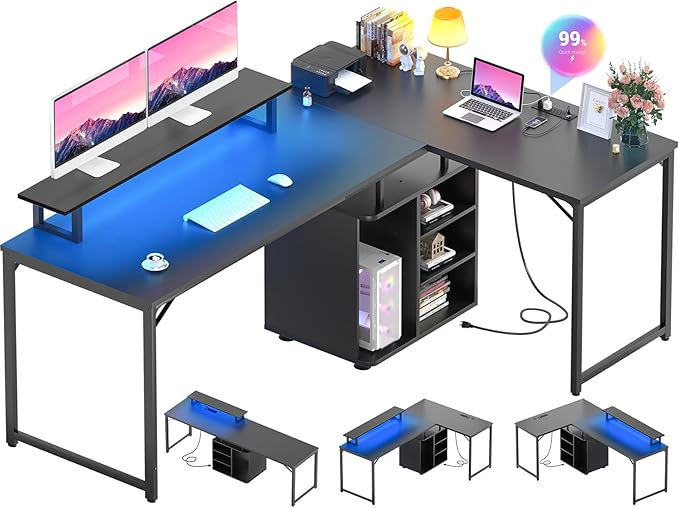 Cyclysio L Shaped Gaming Desk with Wood Cabinet 58 Large Corner Desk with LED Lights &amp Power Outlet Reversible Computer Desks with Computer Tower Stand 2 Person Desks for Home Office Black