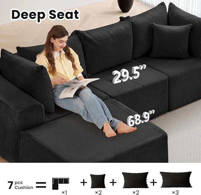 Cloud Sectional Couch with L-Shape ChaiseModular Sofa with Deep Seat Reversible Ottoman 4 Seat DIY Combination Sectional Couches for for Living Room Bedroom