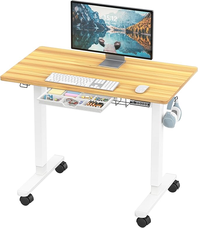 SHW 40-Inch Mobile Electric Height Adjustable Sit to Stand Desk with Drawer Hanging Hooks and Cable Management Oak