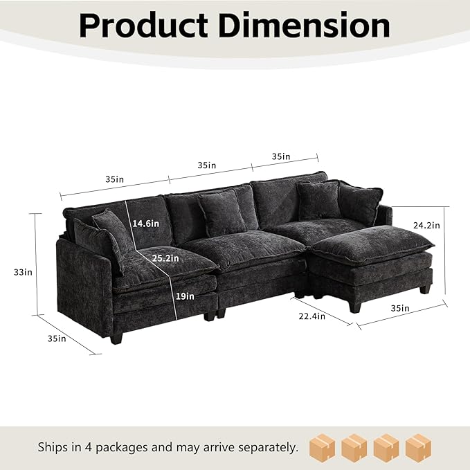 111.5 L Shaped Couch Modular Sectional Sofa Comfy Chenille Cloud Couch with Movable Ottoman and Pillow Modern 3-Seater Deep Seat Sofa for Living Room (BlackL Shaped Sofa)