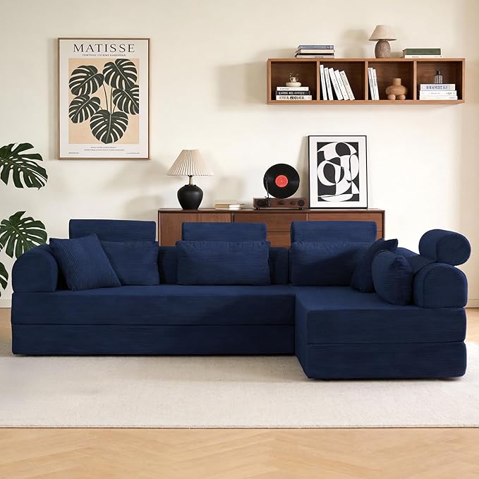 KEIKI 106 4Seat Modular Sectional Corduroy Sofa Couch for Coastal Home Home Office Family Friendly Beach Lovers Cozy Warm Perfect for Entertaining Relaxation Classic Refined Design Blue