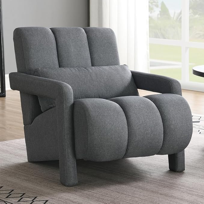 Accent Chair Modern Upholstered Armchair with Pillow Breathable Linen Fabric Comfy Reading Chair for Living Room Bedroom Small Spaces Office Study Grey