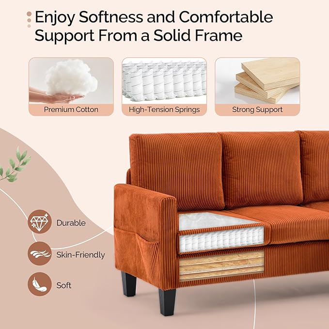 VINGLI 68.5' L Shaped Couch with Movable Storage Ottoman Convertible Sectional Sofa in Soft Corduroy Fabric Modern Reversible Chaise Couch for Small Spaces Apartment Living RoomOrange
