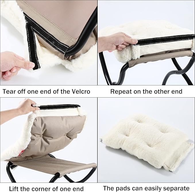 15 Foldable Foot Stool Ottoman with Metal Frame - Washable Faux Fur Beige Upholstered Indoor/Outdoor Footrest for Living Room Bedroom Patio - Space-Saving Compact Design